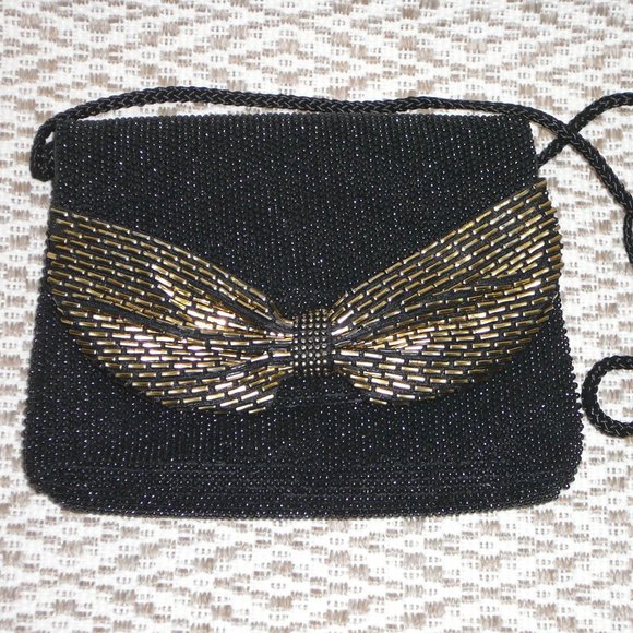 Vintage Black Beaded Evening Bag Gold Bow Holiday - Picture 1 of 9